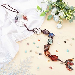 ワイヤーラップチップナチュラルジェムストーンビッグペンダントデコレーション  鉄線とポリエステルコード付き  命の木とフラットラウンド  510mm&nbsp;HJEW-WH0021-32
