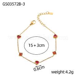 304ステンレススチールリンクブレスレット  女性用アズキチェーンブレスレット イオンプレーティング(IP)  ハート＆菱形  キュービックジルコニア付き  18KGP本金メッキ  レッド  7.09インチ（18cm）&nbsp;STAS-OY008-21G
