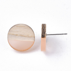 透明樹脂＆ウッドスタッドピアス  304ステンレスピン付き  フラットラウンド  桃パフ  15mm  ピン：0.7mm&nbsp;EJEW-N017-003A-D06