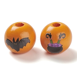 ハロウィンプリントウッドヨーロピアンビーズ  大穴ビーズ  ラウンド  ミックスカラー  15.5~16x14.5mm  穴：4mm&nbsp;WOOD-K008-03