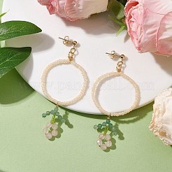 フラワー ガラス シード ビーズ ダングル イヤリング  女性用304ステンレススチールスタッドピアス  カラフル  75x33mm&nbsp;EJEW-MZ00148-01