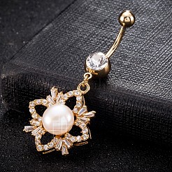 真鍮製キュービックジルコニアとパールへそピアス  ベリーリング  304ステンレススチールバー付き  カドミウムフリー＆鉛フリー  18KGP本金メッキ  菱形  ホワイト  50x22mm  バー: 15 ゲージ (1.5mm)  バーの長さ: 3/8