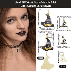 ハロウィンラックメッキ真鍮エナメルペンダント7個、2スタイル  長持ちメッキ  鉛フリー＆カドミウムフリー  18KGP本金メッキ  魔女の帽子  ブラック  27x24.8x2mm  穴：5x3.5mm&nbsp;KK-BBC0020-55