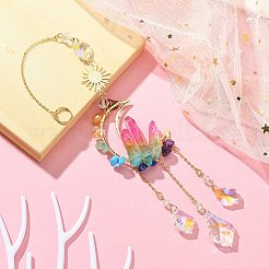 月/太陽の真鍮と宝石のペンダントの装飾  ステンレススチールのファインディングとガラスのリーフチャーム付き  家の装飾用  300mm&nbsp;HJEW-JM01266