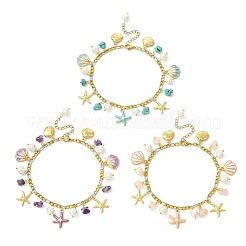 3Pcs 3 Styles Ocean Alloy Enamel Starfish Shell Charm 304 Stainless Steel Figaro Chain Anklets with Natural Amethyst & Rose Quartz & Synthetic Turquoise Chip Beads&nbsp;AJEW-AN00883