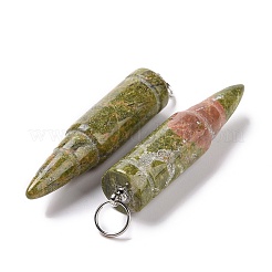天然ユナカイトポイントペンダント  201ステンレススチールスプリットリング付き  弾丸  ステンレス鋼色  42~46x10mm  穴：5mm&nbsp;G-D850-16