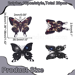 20個2スタイルプリントアクリルパーツ  蝶  ブラック  34.5~36x39.5x2.5mm  穴：2mm  10個/スタイル&nbsp;OACR-WR0001-10