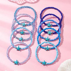 女性用、10色のガラスシードビーズと合成ターコイズビーズを使用したストレッチブレスレット10個  ヒトデ  真鍮  ミックスカラー  内径：2.09~2.20インチ（5.3~5.6cm）  1pc /カラー&nbsp;BJEW-MZ00334