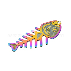 201 ステンレススチールエッチングメタル装飾ペンダント  虹色  魚の骨  46.5x19.5x0.3mm  穴：2mm&nbsp;STAS-P382-02C-MC
