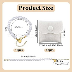 ラウンドABSプラスチック模造真珠ビーズブレスレット12個  ベルベットバッグ12個付き  ゴールドカラー  ホワイト  8.62インチ（21.9cm）&nbsp;BJEW-OC00004