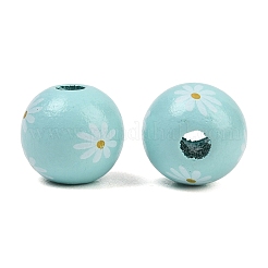 プリントウッドヨーロピアンビーズ  花模様の丸  大穴ビーズ  淡いターコイズ  16~16.5x14.5mm  穴：4.5mm&nbsp;WOOD-G029-07D