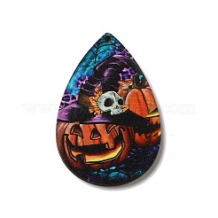 片面プリントウッドビッグペンダント  ハロウィンティアドロップチャーム  カラフル  54x36.5x2.6mm  穴：2mm&nbsp;WOOD-H102-04B