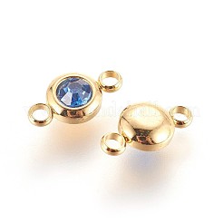304ステンレススチールラインストーンリンクコネクター  フラットラウンド  ゴールドカラー  カプリブルー  12x6.5x4mm  穴：2mm&nbsp;STAS-P237-17G-06