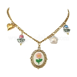 304 Stainless Steel Cloth Oval Embroidered Floral & Flower atural Keshi Pearl & Handmade Porcelain Glazed Hand Painted Tulip Flower Multi-Pendant Necklaces for Women&nbsp;NJEW-JN06354