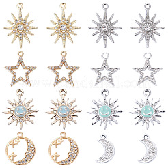 40 個 8 スタイル合金ラインストーンペンダント  月と星と太陽のチャーム  ミックスカラー  18~28.5x11.5~21x2~2.5mm  穴：1.5~2.3mm  5個/スタイル&nbsp;FIND-TA0010-80