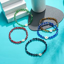 5個 5色 ナチュラル シェル フラワー & ガラス ティアドロップ ビーズ ストレッチ ブレスレット セット 女性用  ミックスカラー  内径：2-1/2インチ（6.5cm）&nbsp;BJEW-JB08804
