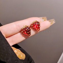 アロイ樹脂スタッドピアス  苺  ゴールドカラー  ファイヤーブリック  17x14mm&nbsp;FS-WG37863-01