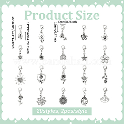 40個 20スタイルの花の合金ペンダント装飾  合金製カニカン付き  アンティークシルバー＆プラチナ  25~31mm  2個/スタイル&nbsp;HJEW-PH02114