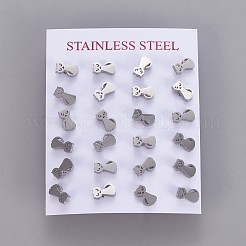変色しにくい304ステンレススチールの子猫スタッドピアス  低刺激性のイヤリング  ピアスキャッチ/ピアスバックキャッチ付き  猫のシルエット  ステンレス鋼色  9x5mm  ピン：0.8mm  12のペア/カード&nbsp;X-EJEW-F227-11P
