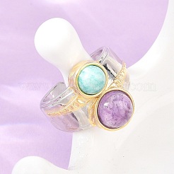 Natural Amethyst & Natural Amazonite with Brass Cuff Open Rings&nbsp;RJEW-B163-01GP-03