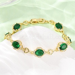 Heart & Oval Brass Micro Pave Cubic Zirconia Link Chain Bracelets for Women&nbsp;BJEW-A163-03G-04