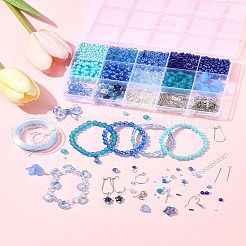 DIY ジュエリーセット ファインディングキット  ステンレススチールのピアスフックとピンを含む  合金の留め金  ガラス＆アクリルビーズ  伸縮性のある糸  ブルー&nbsp;DIY-FS0008-58