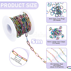 304ステンレススチールのペーパークリップチェーンブレスレット/ネックレスDIYキット  虹色  12x4x1mm&nbsp;DIY-TA0012-49