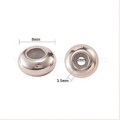 304ステンレススチールビーズ50個  内部のゴムと  スライダービーズ  ロンデル  ステンレス鋼色  8x3.5mm  穴：2mm&nbsp;STAS-CJ0001-197