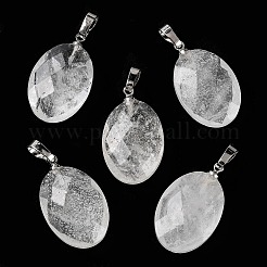 天然石クオーツクリスタルペンダント  ロッククリスタルペンダント  ファセットカットの楕円形チャーム、プラチナメッキ真鍮スナップ留めのベイル付き  21.8x13.4~13.5x6.2mm  穴：5.3x3.7mm&nbsp;G-E603-03P-05