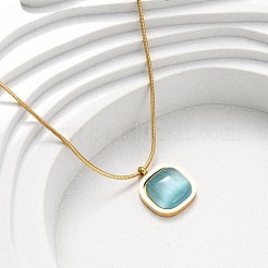 304 Stainless Steel & Dark Turquoise Cat Eye Square Pendant Round Snake Chain Necklaces for Women&nbsp;NJEW-K255-47G