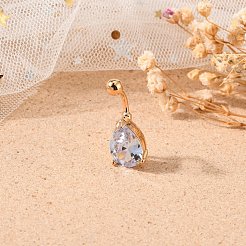 Real 18K Gold Plated Teardrop Brass Cubic Zirconia Navel Ring Navel Ring Belly Rings&nbsp;AJEW-EE0001-13B