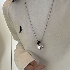 Women's Natural Black Onyx(Dyed & Heated) Rondelle Bead & Alloy Heart Pendant Necklaces for Women&nbsp;WG862D8-04