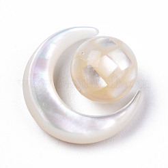 ナチュラルホワイトシェルビーズセット  丸い月  月：15x12.5x3.5mm  ラウンド：8mm  穴：0.8mm  約2個/セット&nbsp;SSHEL-N032-51-B01