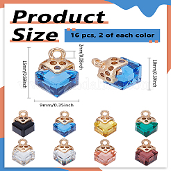 16個8色ガラスペンダント  ライトゴールドメッキ合金パーツ  多面カット  菱形  ミックスカラー  15x9x10mm  穴：2mm  2個/カラー&nbsp;GLAA-LP0001-15