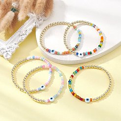 ナザールボンジュウランプワーク＆非磁性合成ヘマタイト＆シードビーズストレッチブレスレット  ミックスカラー  内径：2-1/4インチ（5.6cm）&nbsp;BJEW-JB09489
