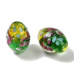 手作りランプワークビーズ  インナーフラワー  オーバル  グリーン  19~20x13~14mm  穴：1.6~1.8mm&nbsp;LAMP-I027-08C