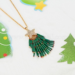 Brass Rhinestone with Glass Seed Beaded Green Christmas Tree Pendant Necklaces&nbsp;FS-WG6FBF4-01