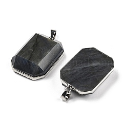 天然石ラブラドライトペンダント  ファセット長方形チャーム  ラックメッキ真鍮のパーツ  プラチナ  34x23x8mm  穴：4.5x6mm&nbsp;G-B139-02P-04