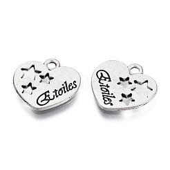 合金のチベット風チャーム  カドミウムフリー＆鉛フリー  星と言葉のトワルのハート  アンティークシルバー  18x18.5x1.8mm  穴：2mm  約600個/1000g&nbsp;TIBEP-T010-04AS