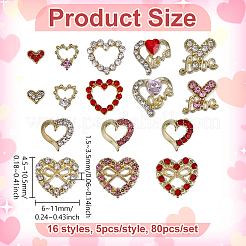 80個 16スタイル ハート合金ラインストーンカボション  ネイルアートの装飾の付属品  ミックスカラー  4.5~10.5x6~11x1.5~3.5mm  5個/スタイル&nbsp;MRMJ-MA0001-01