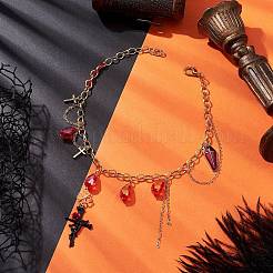 Teardrop Glass & Cross Alloy Pendant Necklaces&nbsp;NJEW-JN04962