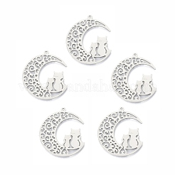 変色しない201ステンレススチールペンダント  猫とムーン  ステンレス鋼色  32.5x29x1.5mm  穴：1.5mm&nbsp;STAS-N098-093P