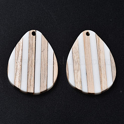 ストライプレジン＆ウッドペンダント  ティアドロップ  ホワイト  36x26x3mm  穴：1.8mm&nbsp;X-RESI-N025-015A-B01