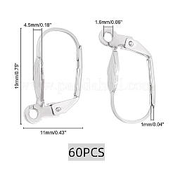 304ステンレススチールフレンチフックピアス金具60個  カン付き  ステンレス鋼色  19x11x4.5mm  穴：1.6mm  ピン：1mm&nbsp;STAS-DC0001-32