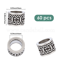 60個の柱状チベット風合金ヨーロピアンビーズ  大穴ビーズ  アンティークシルバー  9x7mm  穴：6mm&nbsp;TIBEB-SP0001-24