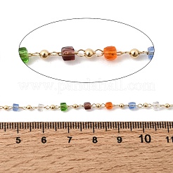 Handmade Brass & Glass Cube with Round Beaded Link Chains&nbsp;KK-Z160-01G-03