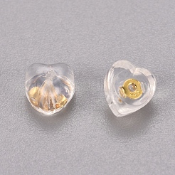 シリコン製ピアスキャッチ  925の純シルバー製パーツ  ハート  透明  18KGP本金メッキ  6x5.5x4mm  穴：0.6mm&nbsp;SIL-WH0002-03G