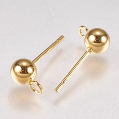 202 ステンレススチールスタッドピアス金具  304ステンレススチールのピンとループ付き  ゴールドカラー  16x7.5mm  穴：1.2mm  ボール：5mm  ピン：0.8mm&nbsp;X-STAS-G173-12G-5mm