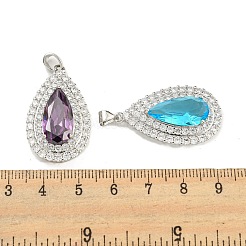 ラックメッキ真鍮マイクロパヴェキュービックジルコニアペンダント  ガラスと  ティアドロップ  プラチナ  32x19x18mm  穴：4x3.5mm&nbsp;KK-H469-01P