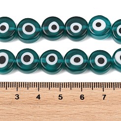 手作りのナザールボンジュウのランプワークビーズ  フラットラウンド  グリーン  11.5~12.5x5.5~5.8mm  穴：1.4mm  約32個/連  14.17インチ（36cm）&nbsp;LAMP-C028-02A